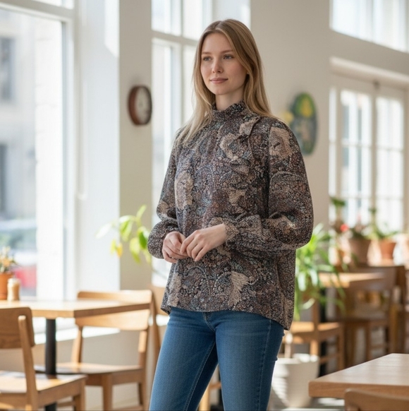 breckenridge Tops - breckenridge Sheer Brown Lion Print Paisley Ruffle Neck Blouse